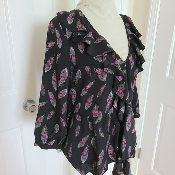 Vtg F21 Y2K Peplum Ruffle V-Neck Top Women's L Peacock Feather Black Peasant - Picture 11 of 13
